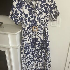 Zara Blue and White Patterned Midi Dress